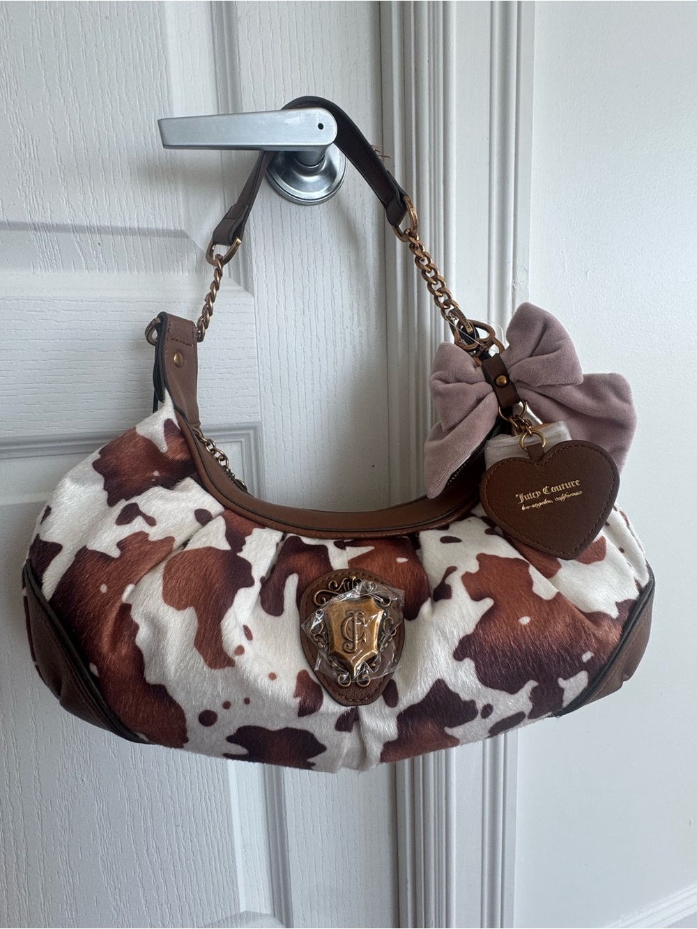 Juicy Couture Brown and Cream Cow-Print Shoulder Bag with Bow & Heart Charm